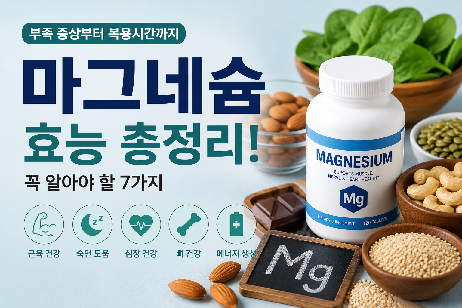 마그네슘 효능과 부족 증상, 복용시간을 설명하는 건강 정보 이미지