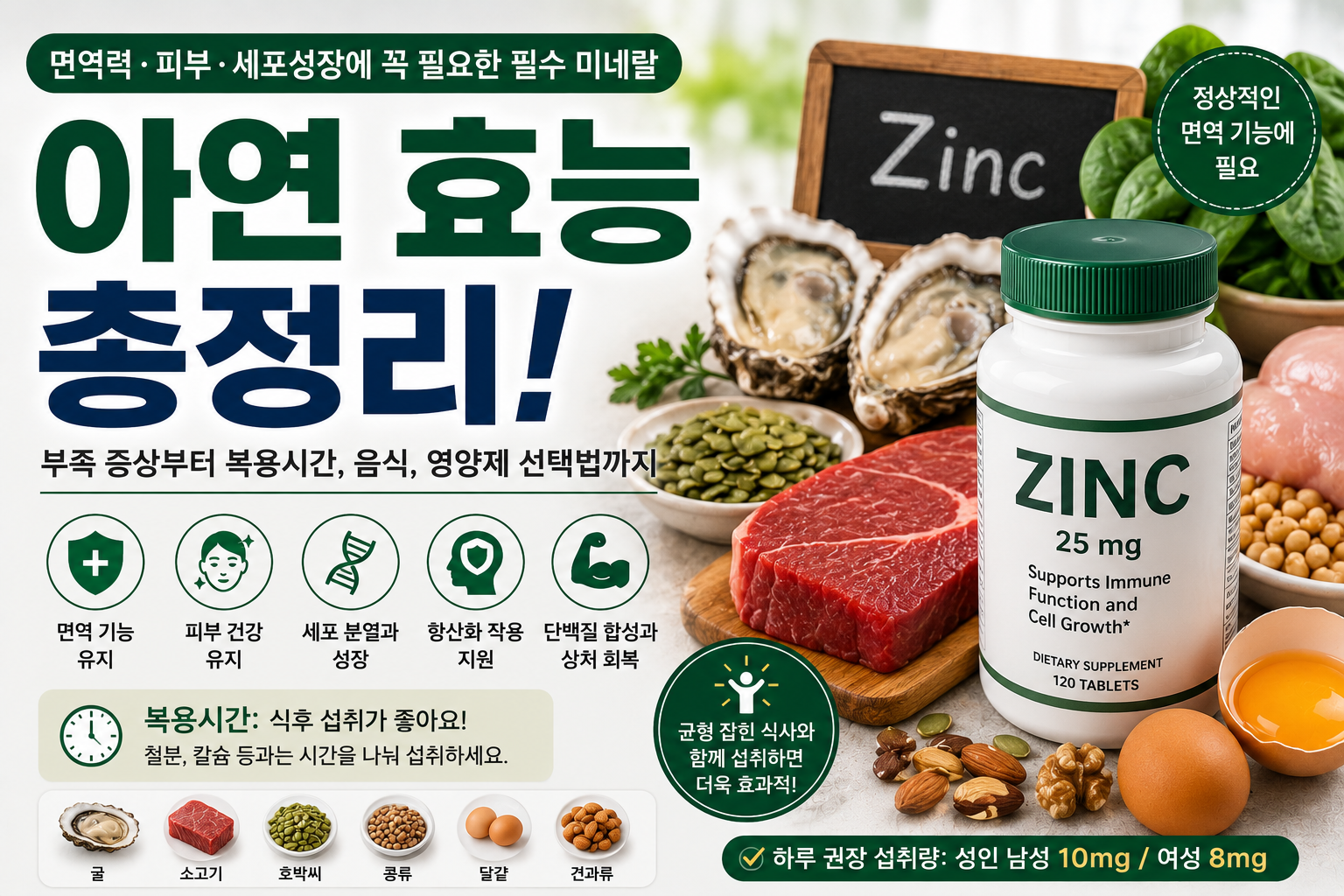 아연 효능과 면역 건강, 굴과 육류, 아연 영양제를 설명하는 건강 정보 대표 이미지