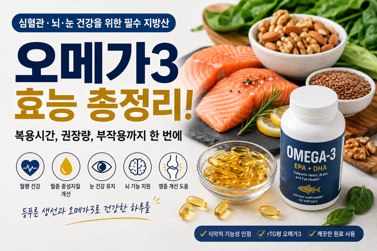 오메가3 효능과 등푸른생선, 영양제를 함께 표현한 건강 정보 대표 이미지