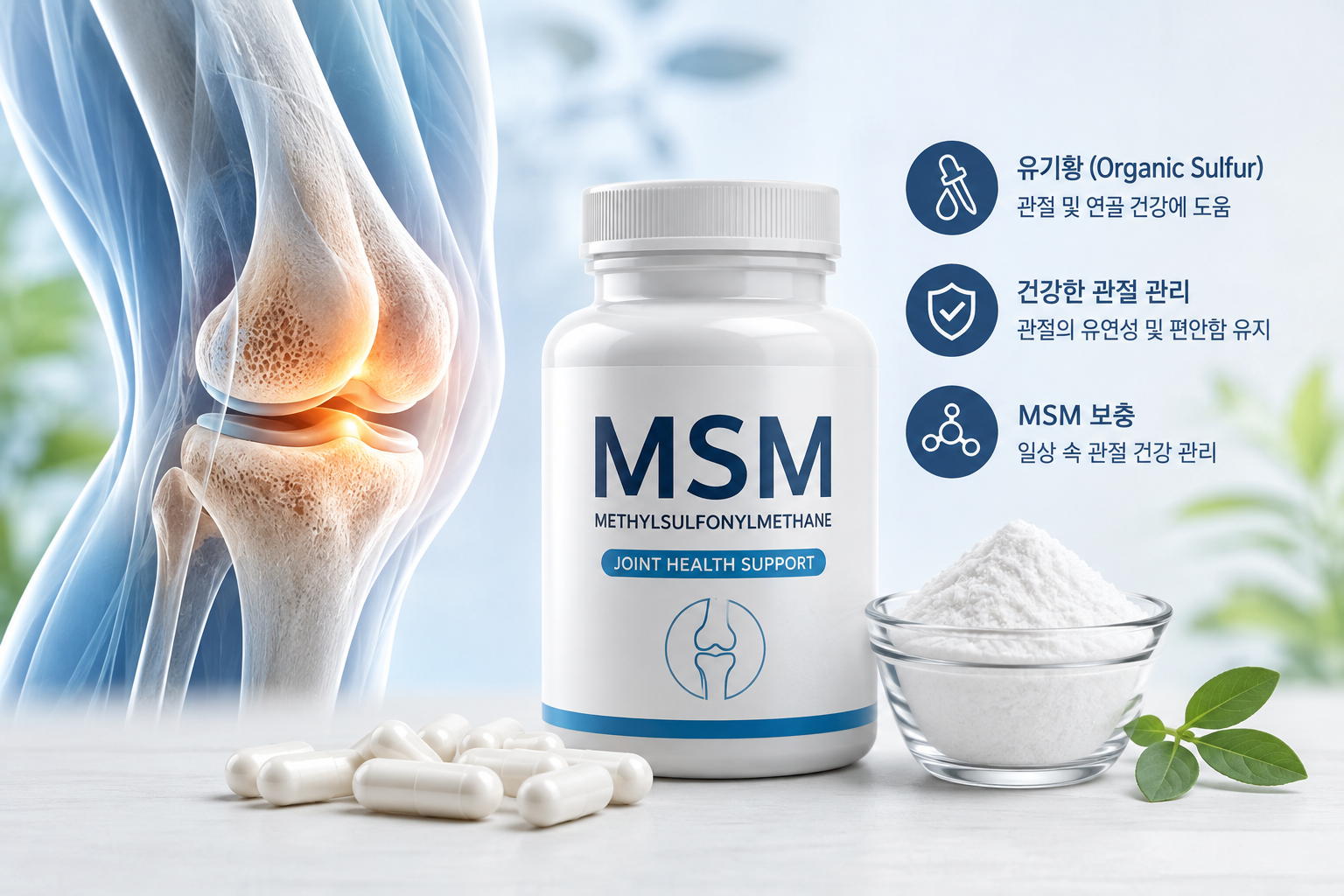 MSM 효능과 관절 건강을 설명허는 건강 정보 대표 이미지