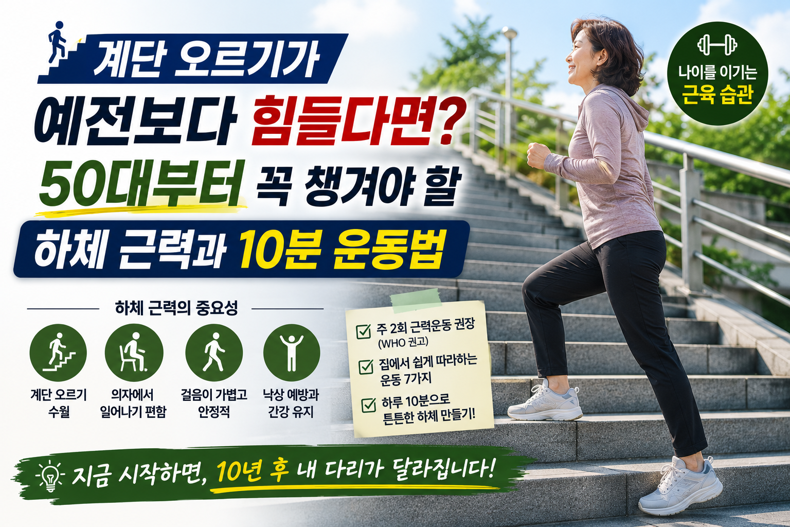 계단오르기와 하체 근력운동의 중요성을 나타내는 이미지