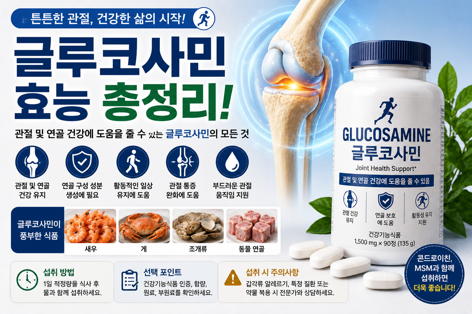 글루코사민 효능과 관절 건강, 무릎 관절과 글루코사민 영양제를 설명하는 건강 정보 대표 이미지