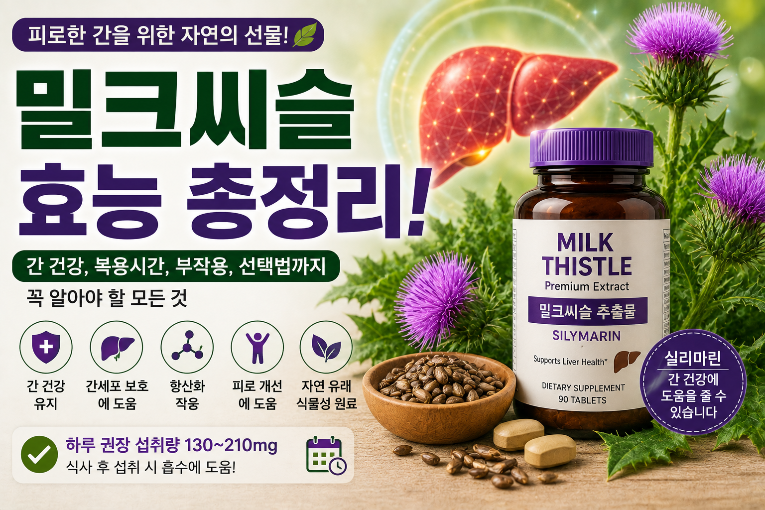 밀크씨슬 효능과 간 건강, 엉겅퀴 식물과 밀크씨슬 영양제를 설명하는 건강 정보 대표 이미지