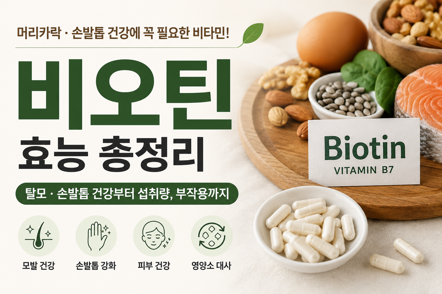 비오틴 효능과 비타민 B7의 역할, 모발과 손발톱 건강 및 영양소 대사를 보여주는 이미지