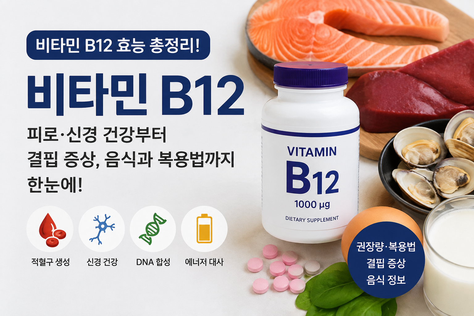 비타민 B12 효능과 결핍 증상을 설명하는 건강 이미지