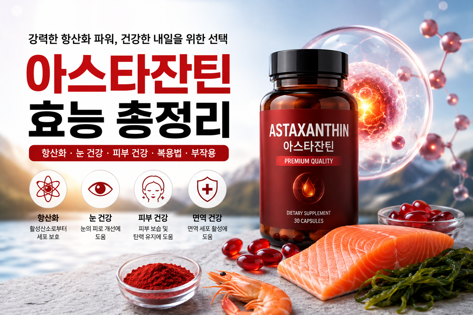 아스타잔틴 효능과 항산화, 눈 건강, 피부 건강을 설명하는 건강 정보 대표 이미지