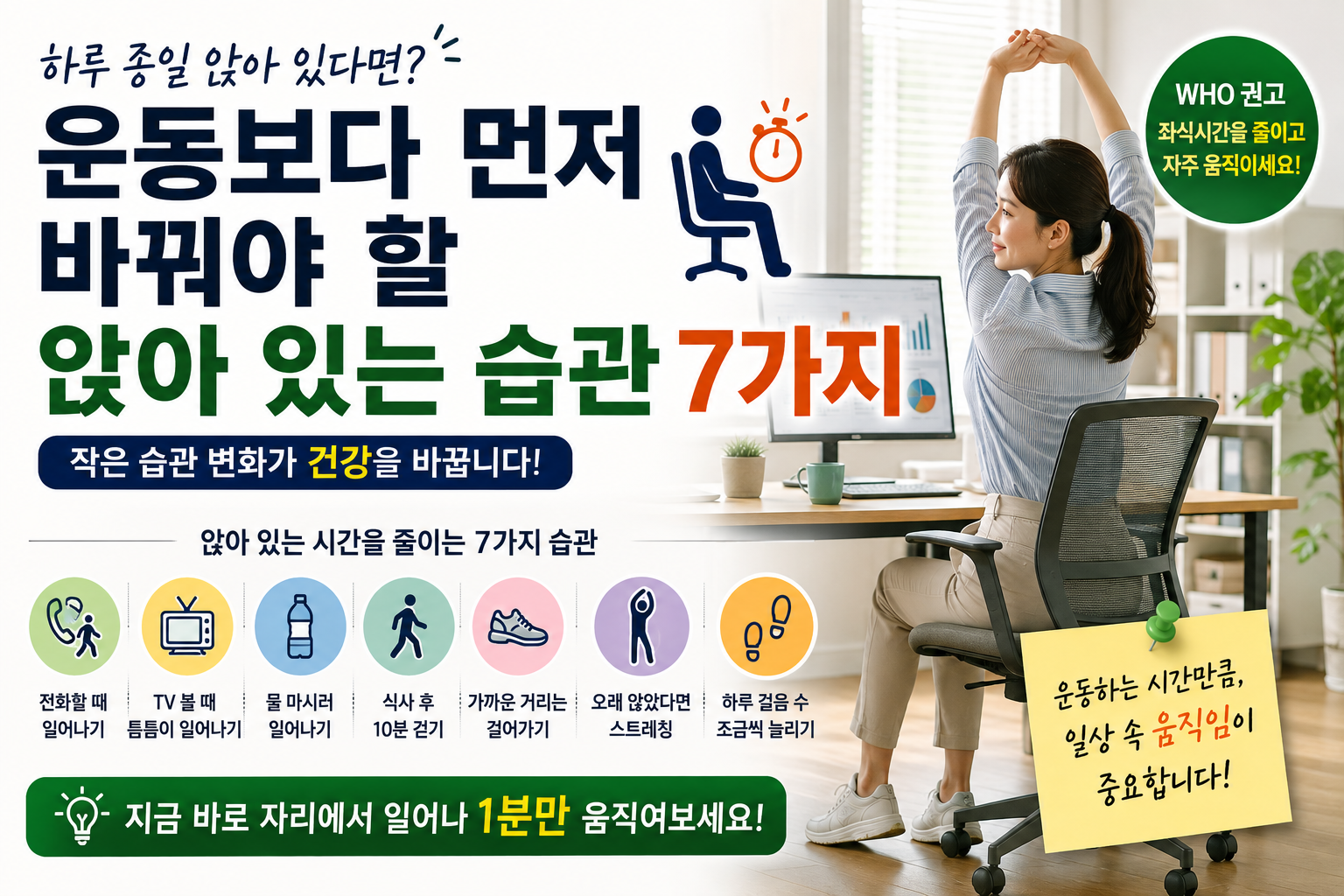 하루 종일 앉아 있는 습관을 줄이고 중간중간 일어나 움직이는 건강한 생활습관