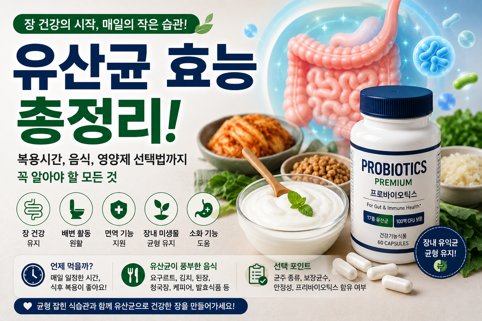 유산균 효능과 장 건강, 요구르트와 발효식품, 프로바이오틱스 영양제를 설명하는 건강 정보 대표 이미지