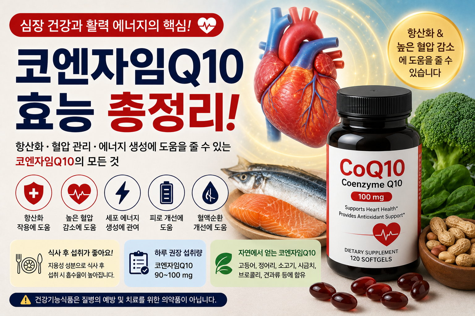 코엔자임Q10 효능과 심장 건강, 생선과 코엔자임Q10 영양제를 설명하는 건강 정보 대표 이미지