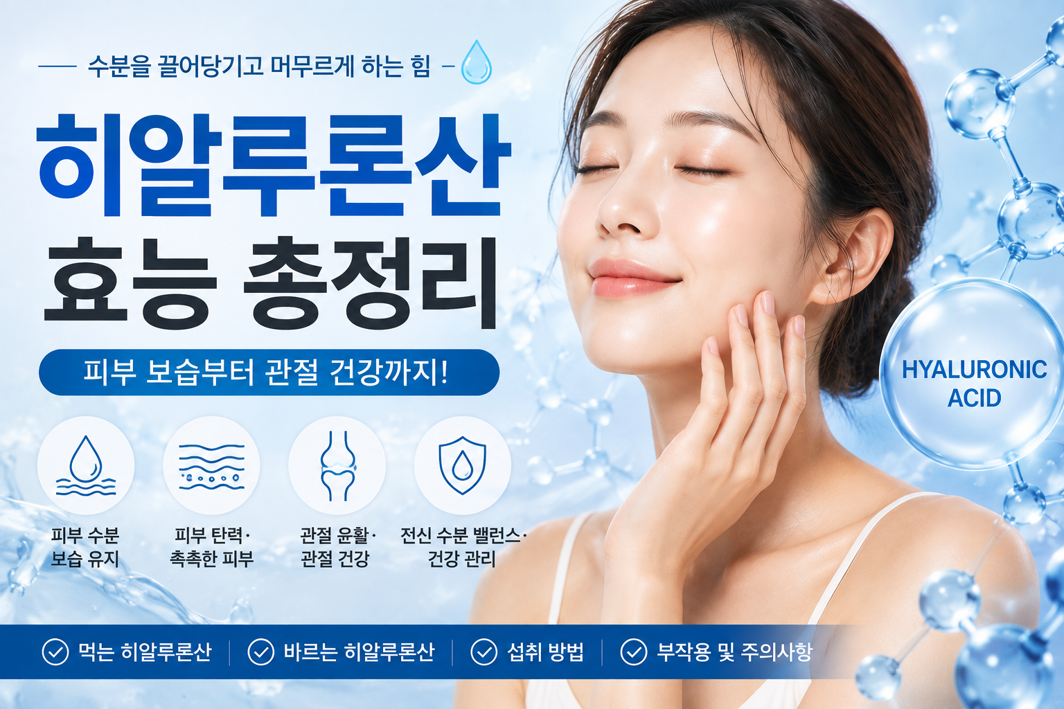 히알루론산 효능과 피부 보습 및 관절 건강을 설명하는 이미지